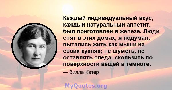 Каждый индивидуальный вкус, каждый натуральный аппетит, был приготовлен в железе. Люди спят в этих домах, я подумал, пытались жить как мыши на своих кухнях; не шуметь, не оставлять следа, скользить по поверхности вещей