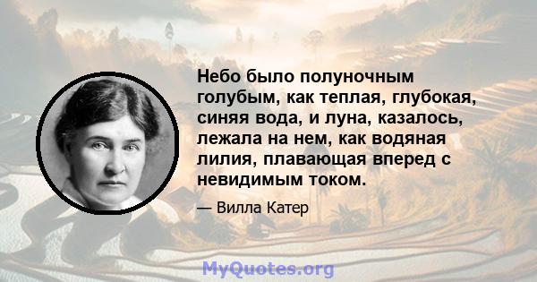 Небо было полуночным голубым, как теплая, глубокая, синяя вода, и луна, казалось, лежала на нем, как водяная лилия, плавающая вперед с невидимым током.