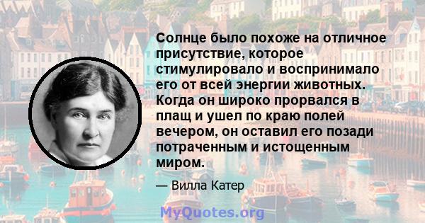 Солнце было похоже на отличное присутствие, которое стимулировало и воспринимало его от всей энергии животных. Когда он широко прорвался в плащ и ушел по краю полей вечером, он оставил его позади потраченным и