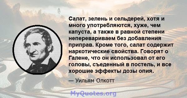 Салат, зелень и сельдерей, хотя и много употребляются, хуже, чем капуста, а также в равной степени неперевариваем без добавления приправ. Кроме того, салат содержит наркотические свойства. Говорят о Галене, что он