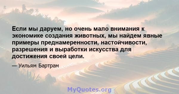 Если мы даруем, но очень мало внимания к экономике создания животных, мы найдем явные примеры преднамеренности, настойчивости, разрешения и выработки искусства для достижения своей цели.