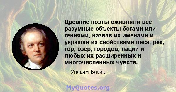 Древние поэты оживляли все разумные объекты богами или гениями, назвав их именами и украшая их свойствами леса, рек, гор, озер, городов, наций и любых их расширенных и многочисленных чувств.