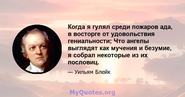 Когда я гулял среди пожаров ада, в восторге от удовольствия гениальности; Что ангелы выглядят как мучения и безумие, я собрал некоторые из их пословиц.