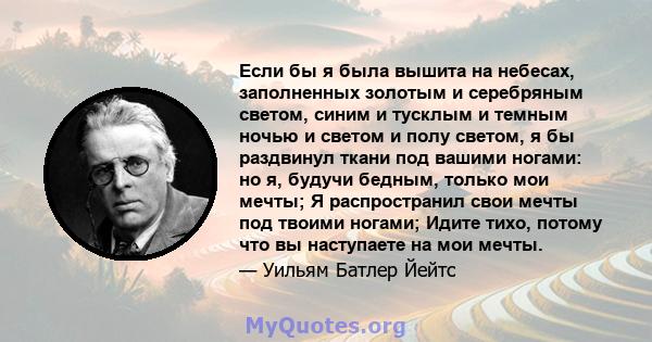 Если бы я была вышита на небесах, заполненных золотым и серебряным светом, синим и тусклым и темным ночью и светом и полу светом, я бы раздвинул ткани под вашими ногами: но я, будучи бедным, только мои мечты; Я