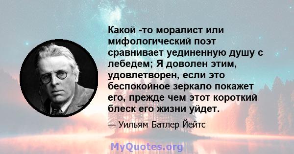 Какой -то моралист или мифологический поэт сравнивает уединенную душу с лебедем; Я доволен этим, удовлетворен, если это беспокойное зеркало покажет его, прежде чем этот короткий блеск его жизни уйдет.