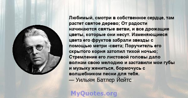 Любимый, смотри в собственное сердце, там растет святое дерево; От радости начинаются святые ветви, и все дрожащие цветы, которые они несут. Изменяющиеся цвета его фруктов забрали звезды с помощью метри -света;