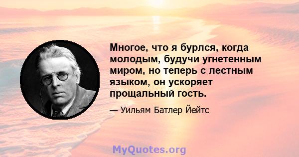 Многое, что я бурлся, когда молодым, будучи угнетенным миром, но теперь с лестным языком, он ускоряет прощальный гость.