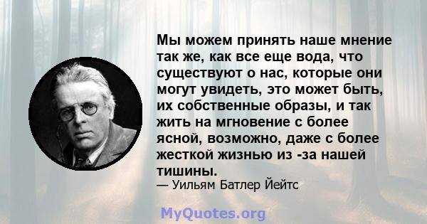 Мы можем принять наше мнение так же, как все еще вода, что существуют о нас, которые они могут увидеть, это может быть, их собственные образы, и так жить на мгновение с более ясной, возможно, даже с более жесткой жизнью 