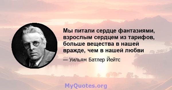 Мы питали сердце фантазиями, взрослым сердцем из тарифов, больше вещества в нашей вражде, чем в нашей любви