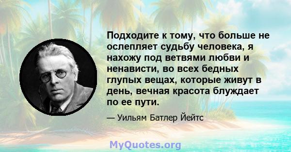 Подходите к тому, что больше не ослепляет судьбу человека, я нахожу под ветвями любви и ненависти, во всех бедных глупых вещах, которые живут в день, вечная красота блуждает по ее пути.