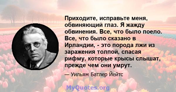 Приходите, исправьте меня, обвиняющий глаз. Я жажду обвинения. Все, что было поело. Все, что было сказано в Ирландии, - это порода лжи из заражения толпой, спасая рифму, которые крысы слышат, прежде чем они умрут.