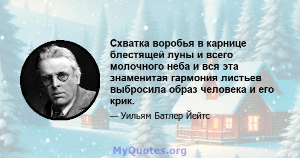 Схватка воробья в карнице блестящей луны и всего молочного неба и вся эта знаменитая гармония листьев выбросила образ человека и его крик.