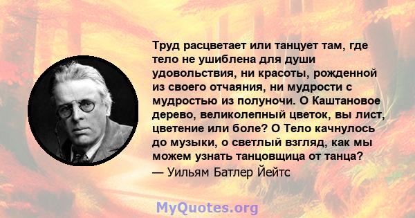 Труд расцветает или танцует там, где тело не ушиблена для души удовольствия, ни красоты, рожденной из своего отчаяния, ни мудрости с мудростью из полуночи. O Каштановое дерево, великолепный цветок, вы лист, цветение или 