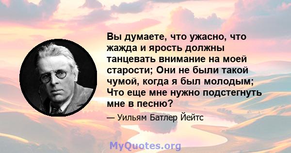 Вы думаете, что ужасно, что жажда и ярость должны танцевать внимание на моей старости; Они не были такой чумой, когда я был молодым; Что еще мне нужно подстегнуть мне в песню?