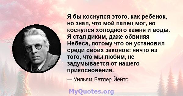 Я бы коснулся этого, как ребенок, но знал, что мой палец мог, но коснулся холодного камня и воды. Я стал диким, даже обвиняя Небеса, потому что он установил среди своих законов: ничто из того, что мы любим, не