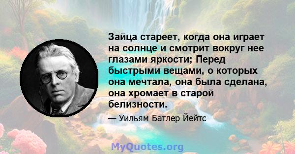 Зайца стареет, когда она играет на солнце и смотрит вокруг нее глазами яркости; Перед быстрыми вещами, о которых она мечтала, она была сделана, она хромает в старой белизности.