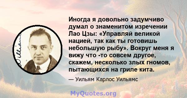 Иногда я довольно задумчиво думал о знаменитом изречении Лао Цзы: «Управляй великой нацией, так как ты готовишь небольшую рыбу». Вокруг меня я вижу что -то совсем другое, скажем, несколько злых гномов, пытающихся на