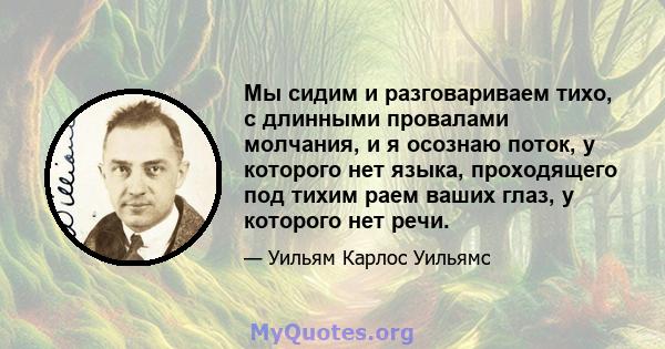 Мы сидим и разговариваем тихо, с длинными провалами молчания, и я осознаю поток, у которого нет языка, проходящего под тихим раем ваших глаз, у которого нет речи.