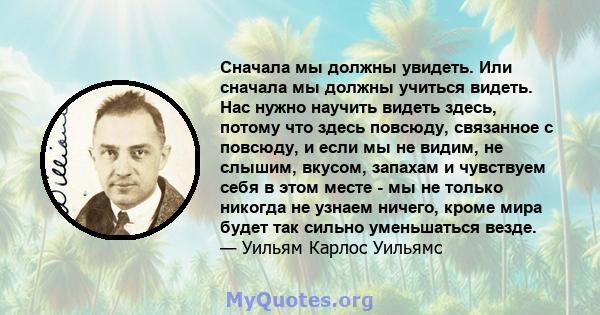 Сначала мы должны увидеть. Или сначала мы должны учиться видеть. Нас нужно научить видеть здесь, потому что здесь повсюду, связанное с повсюду, и если мы не видим, не слышим, вкусом, запахам и чувствуем себя в этом