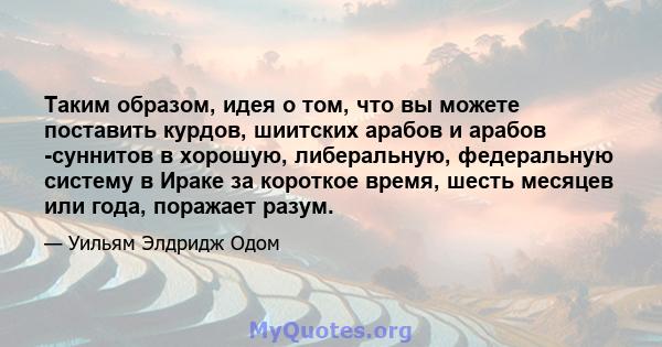 Таким образом, идея о том, что вы можете поставить курдов, шиитских арабов и арабов -суннитов в хорошую, либеральную, федеральную систему в Ираке за короткое время, шесть месяцев или года, поражает разум.