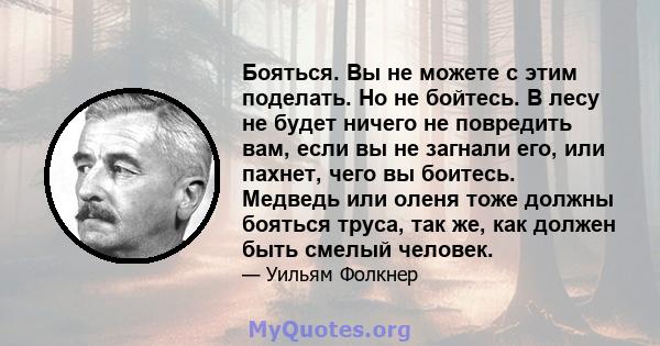 Бояться. Вы не можете с этим поделать. Но не бойтесь. В лесу не будет ничего не повредить вам, если вы не загнали его, или пахнет, чего вы боитесь. Медведь или оленя тоже должны бояться труса, так же, как должен быть