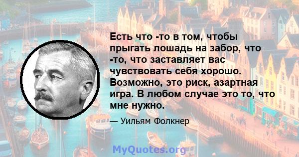 Есть что -то в том, чтобы прыгать лошадь на забор, что -то, что заставляет вас чувствовать себя хорошо. Возможно, это риск, азартная игра. В любом случае это то, что мне нужно.