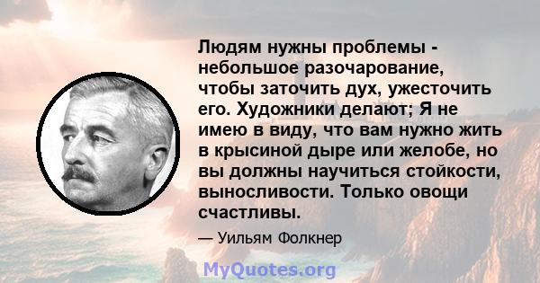 Людям нужны проблемы - небольшое разочарование, чтобы заточить дух, ужесточить его. Художники делают; Я не имею в виду, что вам нужно жить в крысиной дыре или желобе, но вы должны научиться стойкости, выносливости.