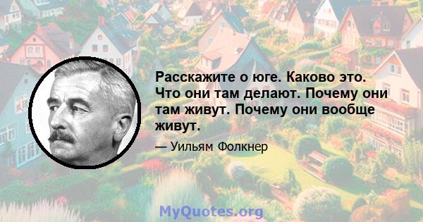 Расскажите о юге. Каково это. Что они там делают. Почему они там живут. Почему они вообще живут.