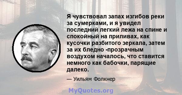 Я чувствовал запах изгибов реки за сумерками, и я увидел последний легкий лежа на спине и спокойный на приливах, как кусочки разбитого зеркала, затем за их бледно -прозрачным воздухом началось, что ставится немного как