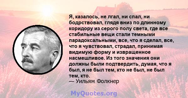 Я, казалось, не лгал, ни спал, ни бодрствовал, глядя вниз по длинному коридору из серого полу света, где все стабильные вещи стали темными парадоксальными, все, что я сделал, все, что я чувствовал, страдал, принимая