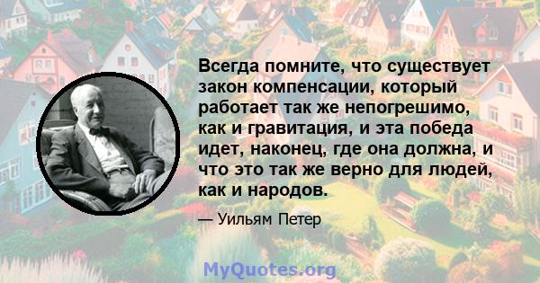 Всегда помните, что существует закон компенсации, который работает так же непогрешимо, как и гравитация, и эта победа идет, наконец, где она должна, и что это так же верно для людей, как и народов.