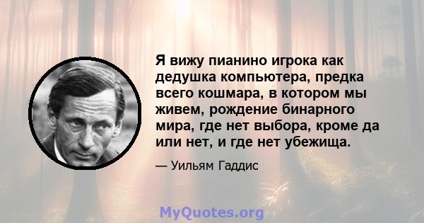 Я вижу пианино игрока как дедушка компьютера, предка всего кошмара, в котором мы живем, рождение бинарного мира, где нет выбора, кроме да или нет, и где нет убежища.