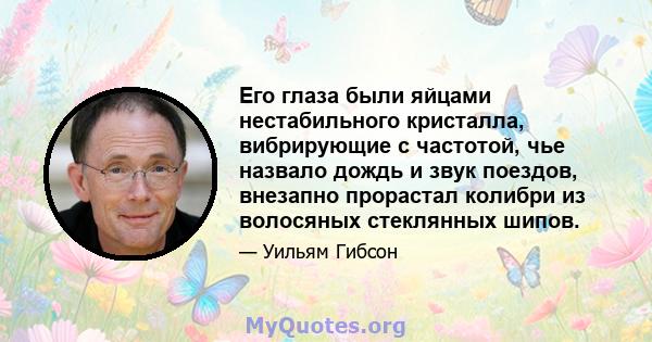 Его глаза были яйцами нестабильного кристалла, вибрирующие с частотой, чье назвало дождь и звук поездов, внезапно прорастал колибри из волосяных стеклянных шипов.