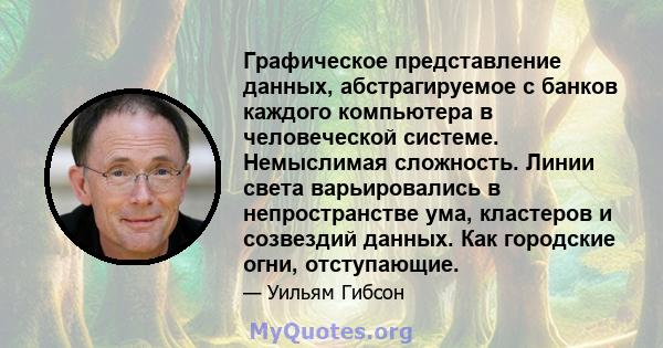 Графическое представление данных, абстрагируемое с банков каждого компьютера в человеческой системе. Немыслимая сложность. Линии света варьировались в непространстве ума, кластеров и созвездий данных. Как городские