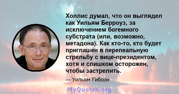 Холлис думал, что он выглядел как Уильям Берроуз, за ​​исключением богемного субстрата (или, возможно, метадона). Как кто-то, кто будет приглашен в перепеальную стрельбу с вице-президентом, хотя и слишком осторожен,