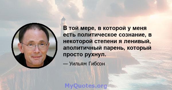 В той мере, в которой у меня есть политическое сознание, в некоторой степени я ленивый, аполитичный парень, который просто рухнул.