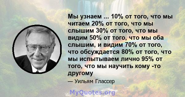 Мы узнаем ... 10% от того, что мы читаем 20% от того, что мы слышим 30% от того, что мы видим 50% от того, что мы оба слышим, и видим 70% от того, что обсуждается 80% от того, что мы испытываем лично 95% от того, что мы 