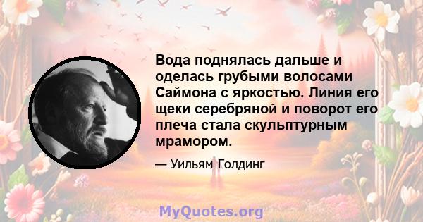 Вода поднялась дальше и оделась грубыми волосами Саймона с яркостью. Линия его щеки серебряной и поворот его плеча стала скульптурным мрамором.