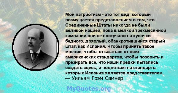 Мой патриотизм - это тот вид, который возмущается представлением о том, что Соединенные Штаты никогда не были великой нацией, пока в мелкой трехмесячной кампании они не постучали на кусочки бедного, дряхлый,