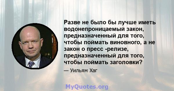 Разве не было бы лучше иметь водонепроницаемый закон, предназначенный для того, чтобы поймать виновного, а не закон о пресс -релизе, предназначенный для того, чтобы поймать заголовки?