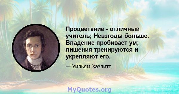 Процветание - отличный учитель; Невзгоды больше. Владение пробивает ум; лишения тренируются и укрепляют его.