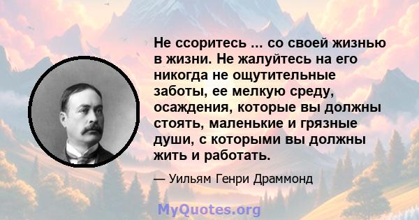 Не ссоритесь ... со своей жизнью в жизни. Не жалуйтесь на его никогда не ощутительные заботы, ее мелкую среду, осаждения, которые вы должны стоять, маленькие и грязные души, с которыми вы должны жить и работать.