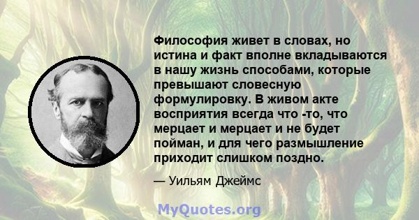 Философия живет в словах, но истина и факт вполне вкладываются в нашу жизнь способами, которые превышают словесную формулировку. В живом акте восприятия всегда что -то, что мерцает и мерцает и не будет пойман, и для