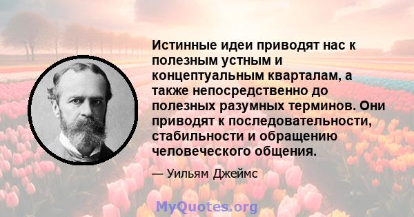 Истинные идеи приводят нас к полезным устным и концептуальным кварталам, а также непосредственно до полезных разумных терминов. Они приводят к последовательности, стабильности и обращению человеческого общения.