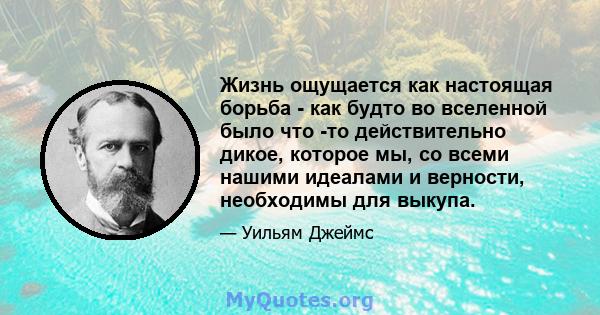 Жизнь ощущается как настоящая борьба - как будто во вселенной было что -то действительно дикое, которое мы, со всеми нашими идеалами и верности, необходимы для выкупа.