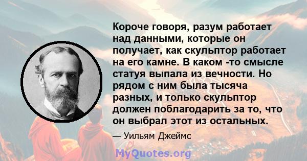 Короче говоря, разум работает над данными, которые он получает, как скульптор работает на его камне. В каком -то смысле статуя выпала из вечности. Но рядом с ним была тысяча разных, и только скульптор должен