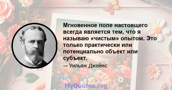 Мгновенное поле настоящего всегда является тем, что я называю «чистым» опытом. Это только практически или потенциально объект или субъект.