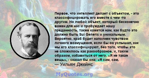 Первое, что интеллект делает с объектом, - это классифицировать его вместе с чем -то другим. Но любой объект, который бесконечно важен для нас и пробуждает нашу преданность, также кажется нам, как будто это должно быть