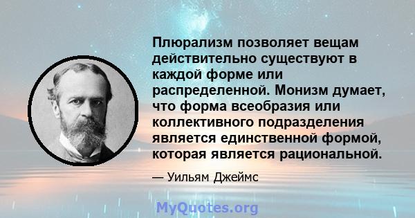 Плюрализм позволяет вещам действительно существуют в каждой форме или распределенной. Монизм думает, что форма всеобразия или коллективного подразделения является единственной формой, которая является рациональной.