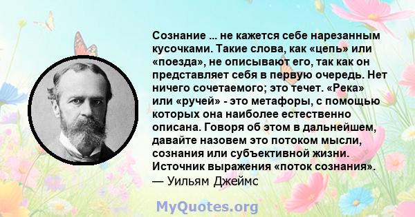 Сознание ... не кажется себе нарезанным кусочками. Такие слова, как «цепь» или «поезда», не описывают его, так как он представляет себя в первую очередь. Нет ничего сочетаемого; это течет. «Река» или «ручей» - это